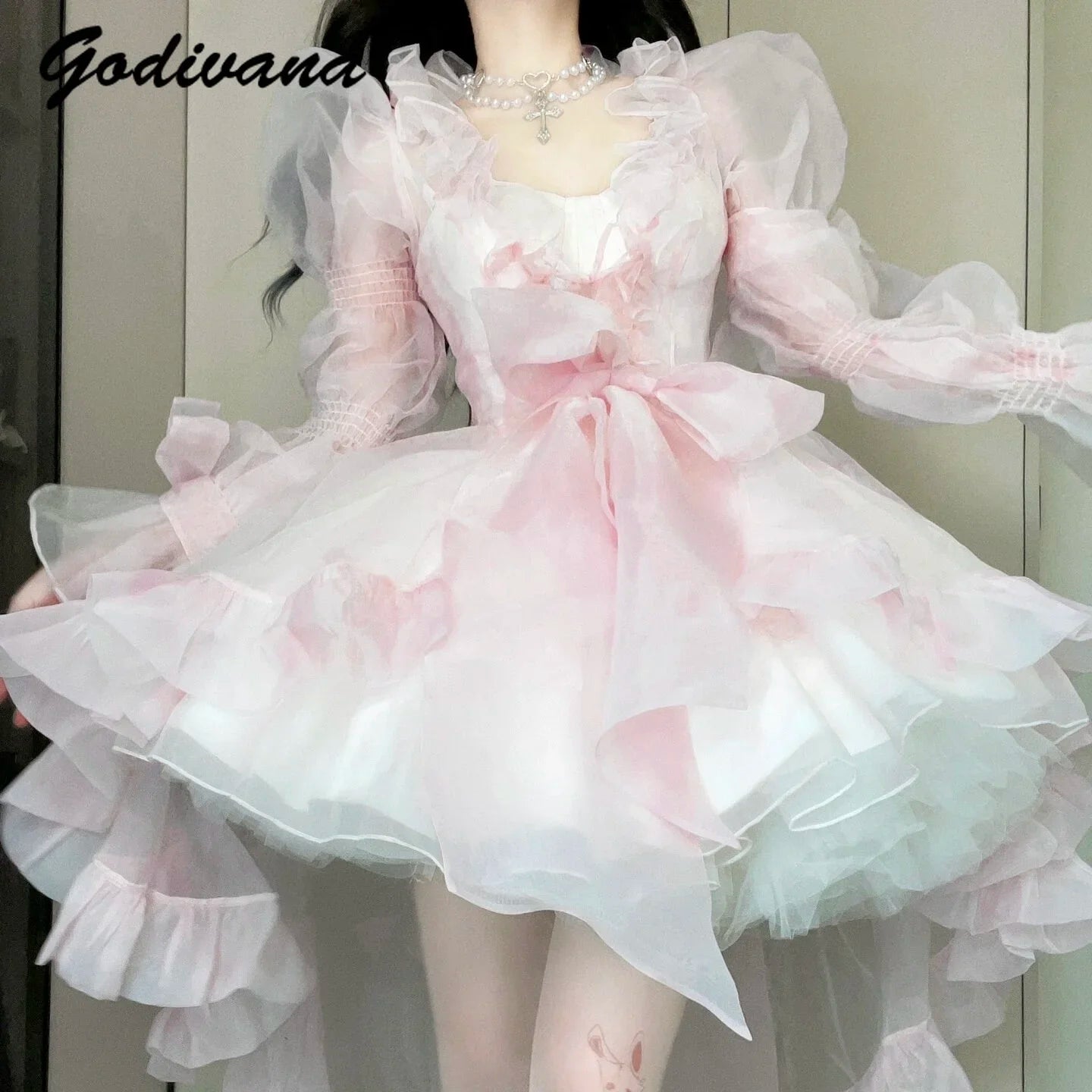 French Style Flower Wedding Dress Lolita Sweet Girl Women Fairy Tube Top Sling Dress with Long Cardigan Birthday Princess Dress