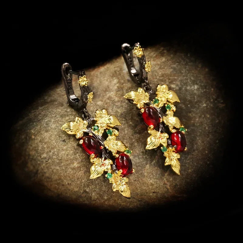New Elegant Black Gold Ruby Pendant Flower Leaf 925 Silver Earrings Crystal Gemstone Ladies Jewelry Earrings Silver 925 Jewelry