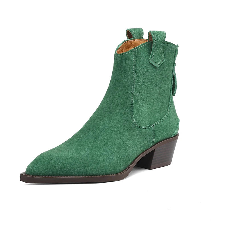 2025 Autumn Winter Trend Cow Suede Women Western Boots Black Brown Khaki Purple Green Burgundy Pointed Toe Ladies Ankle Boots