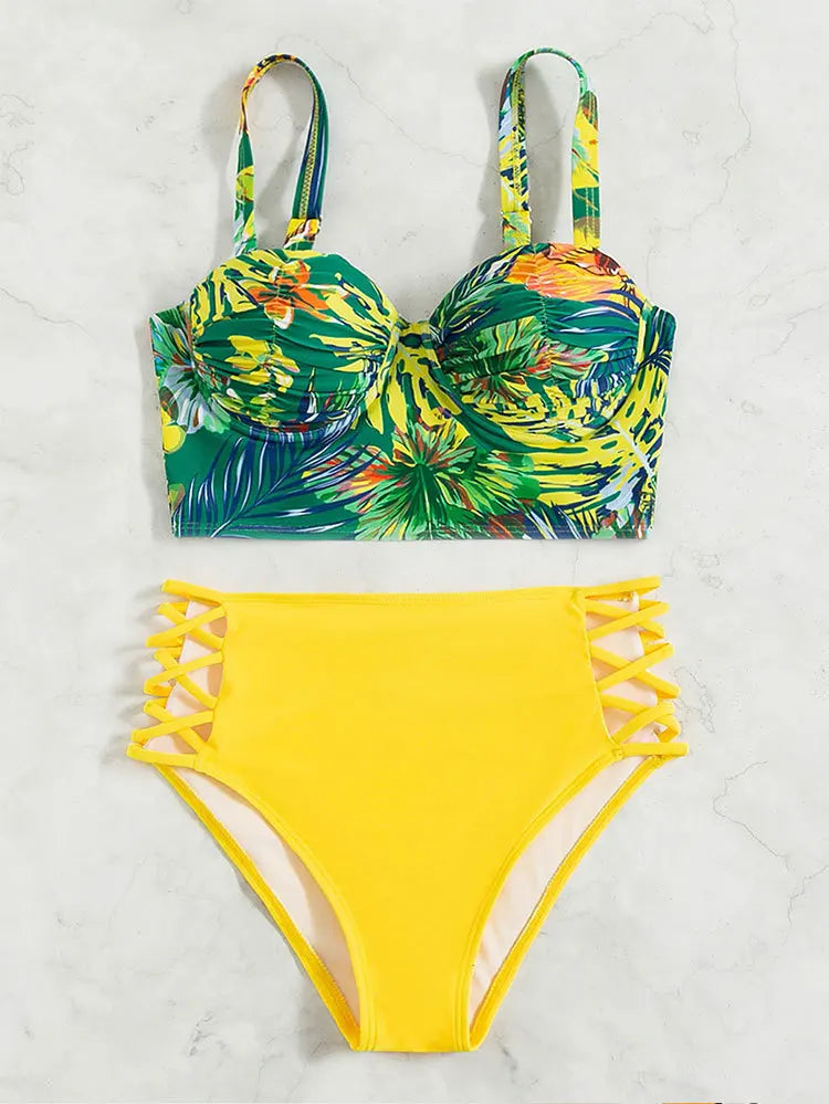 Cikini-Tropical Print Criss Cross Push Up Bikinis Set, High Waist Split Swimwear, Summer Swimsuit, Bathing Suit for Women, 2 Pcs