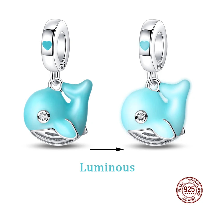 New 100% 925 Sterling Silver Ocean Luminous Sea Turtle Dolphin Octopus Charms Beads Fit Qikaola Original Bracelets DIY Jewelry
