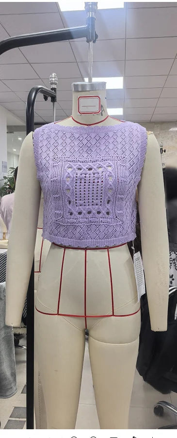 Combhasaki Women Summer Y2K Square Shaped Knitted Crop Tank Tops Irregular Hem Hollow Out See-through Pullover Sweater Vest