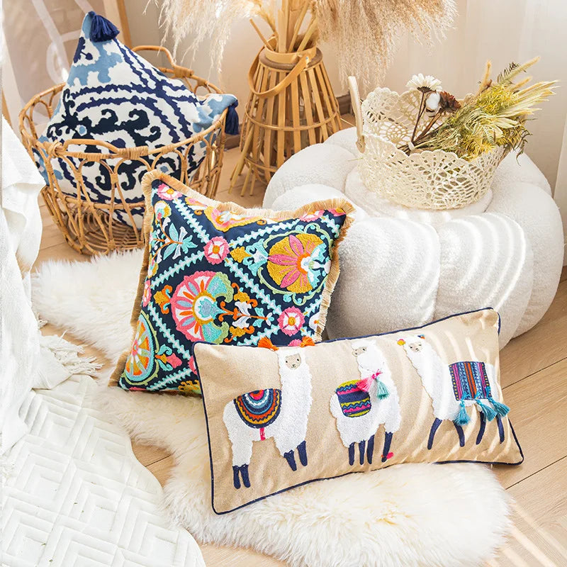 Nordic Ethnic Style Cushion Cover Cotton Moroccan Handmade Embroidery Cotton Tassel Throw Pillow Cover Living Room Home Decor