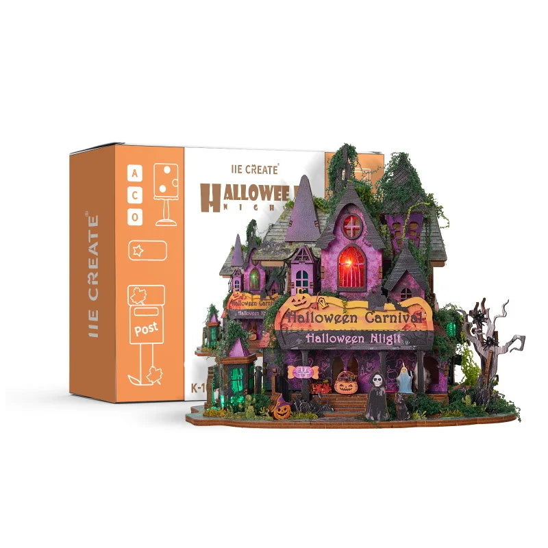 Retro DIY Wooden Halloween Night House Figurines Miniatures Kits With LED Lights Home Desk Decoration For Adult Handmade Gifts