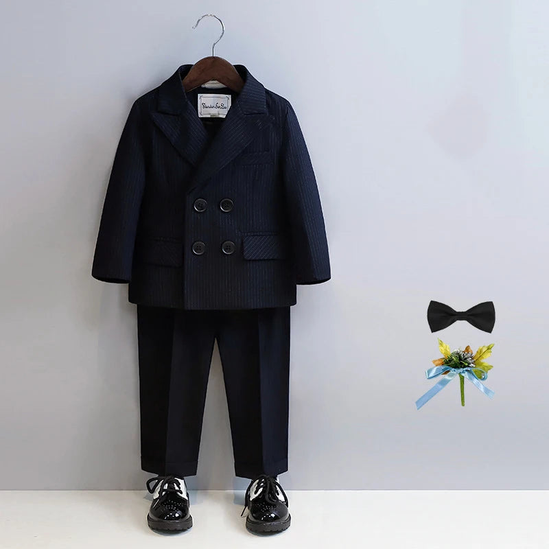 Kids Ceremony Attire blue Fashion Stripe Piano Performance Tuxedo Boys Wedding Suit Formal Children School Uniform Blazer Set