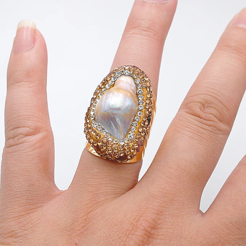 Micro Inlay Baroque Pearl Open Ring for Women Boho Finger Wedding Jewelry with Tourmaline Wholesale