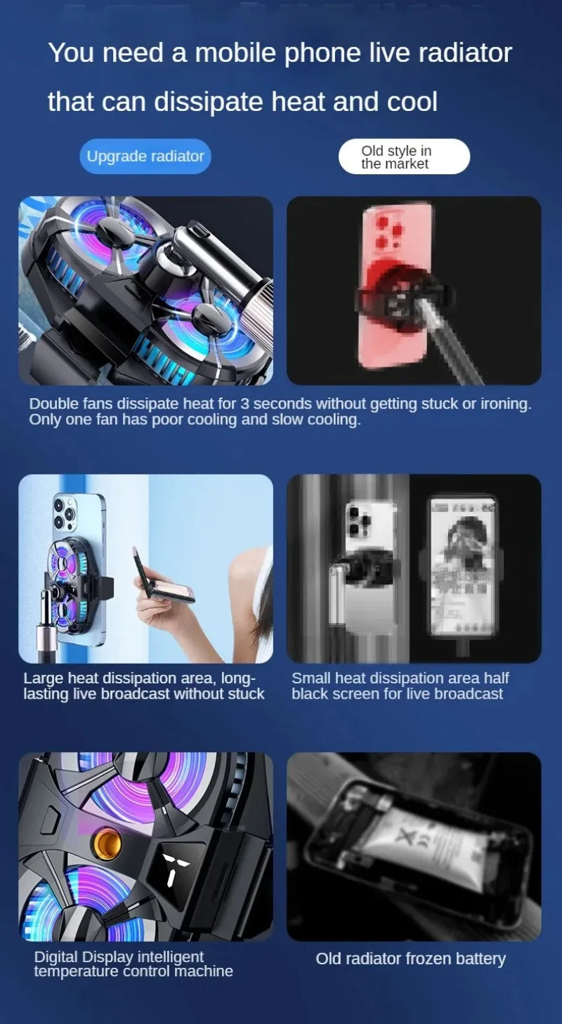 New Dual Fan Large Wind Mute Mobile Phone Cooling Fan Cooler Fast Cooling Live Gaming Handle Cooler Mobile Phone Fan Radiator