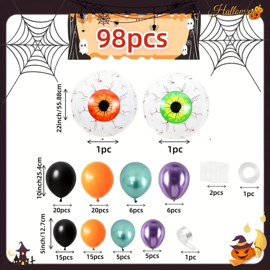 98pcs Halloween Balloon Garland Kit, Black and Orange Balloon Garland Kit with Eye Foil Balloons for Party Decorations