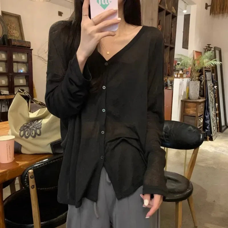 Solid V-neck Shirt Women Spring Single Breasted Chiffon Loose Slim All-match Sun Protection Thin Breathable Fashion Slim Cozy