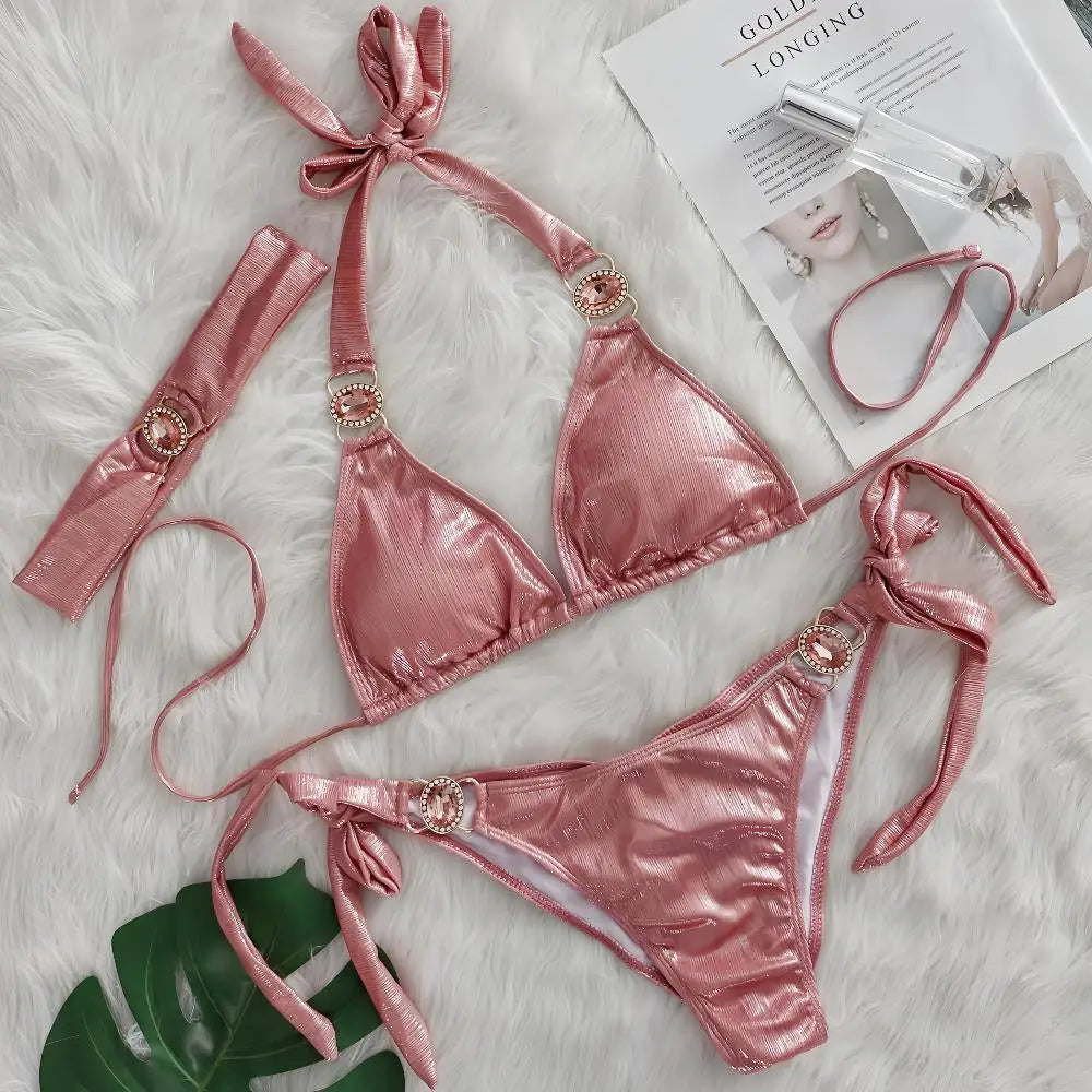 2025 New Diamond Rhinestone 3pcs Bikinis Set Crystal Patchwork Push Up Bandage Female Swimsuit with Hairband Bather Bathing Suit