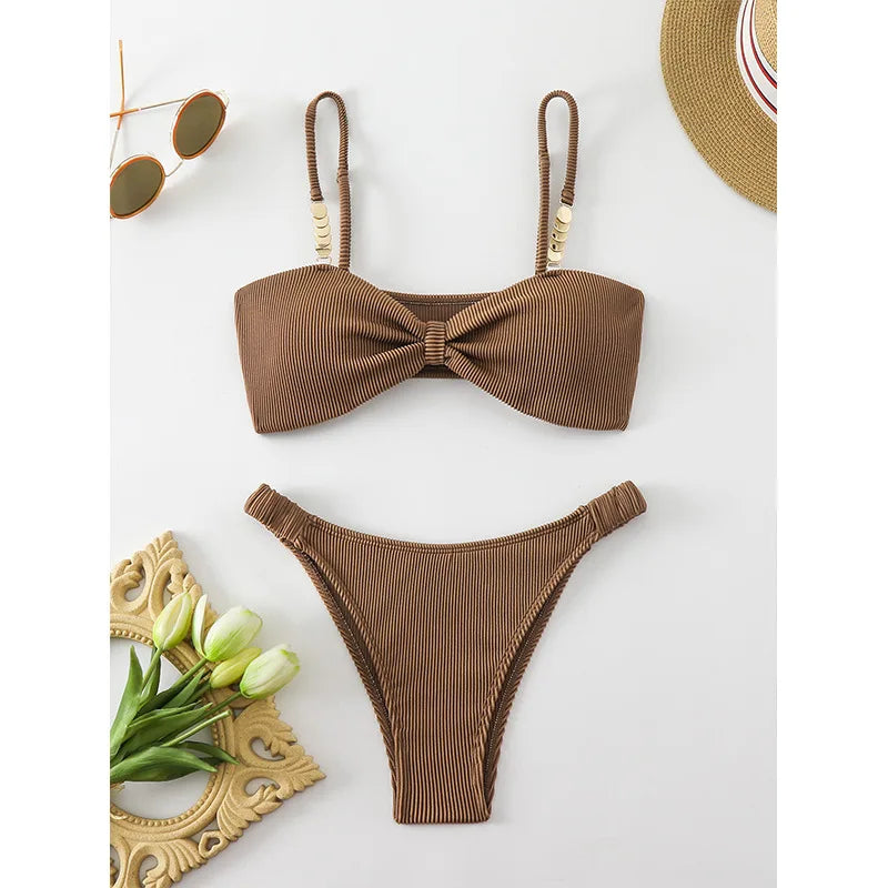 Sexy Micro Bikinis Sets Two Pieces Swimsuit Brown Swimwear Female Thong Brazilian Biquini Bandeau Ribbed Beach Wear Bathing Suit