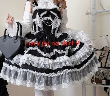 Super Fairy Lolita Dress Set New Spring and Autumn Sweet Girl Women's Flower Lace Bow Shirt Princess Jsk Suspender Dress