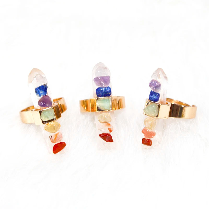 7 Chakra Stone Rings for Women Gold Color Irregular Raw Crystal Resizable Finger Jewelry Yoga Energy Balancing