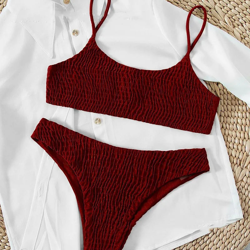 Sexy Triangle Bathing Suit for Women Vintage Pleated Suspender Push Up Bikini Summer 2025 New Simple Solid Swimwear Bikinis Sets