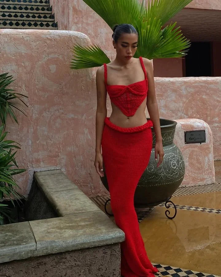 BKQU Crochet Knit Skirts Set Women Sexy Hollow Out Lace Up Crop Tops Hip Package Split Long Skirt Elegant 2 Pieces Beach Outfits