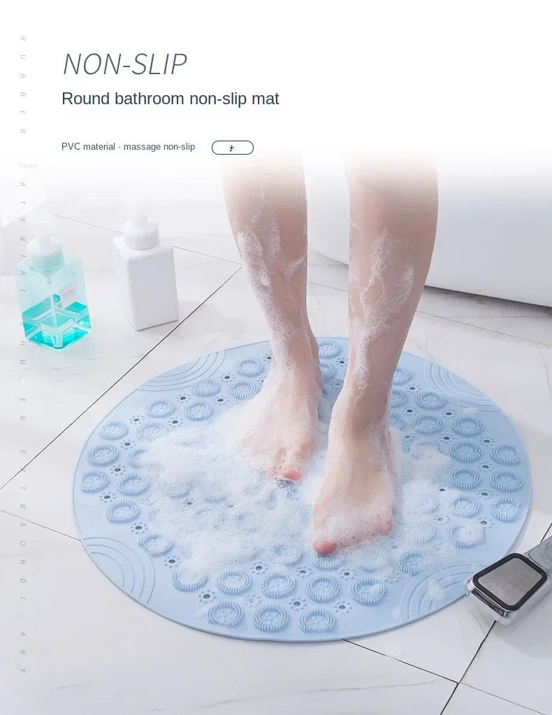 Bathroom Mat Anti-slip Sucker Round PVC Bath Mat with Drain Hole Silicone Bathing Rugs Foot Massage Pad Bathtub Soft Shower Mat