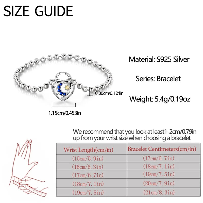 Original 17-20CM 925 Sterling Silver Heart Shaped Lock Star Moon Bracelet For Women Fine Anniversary Jewelry