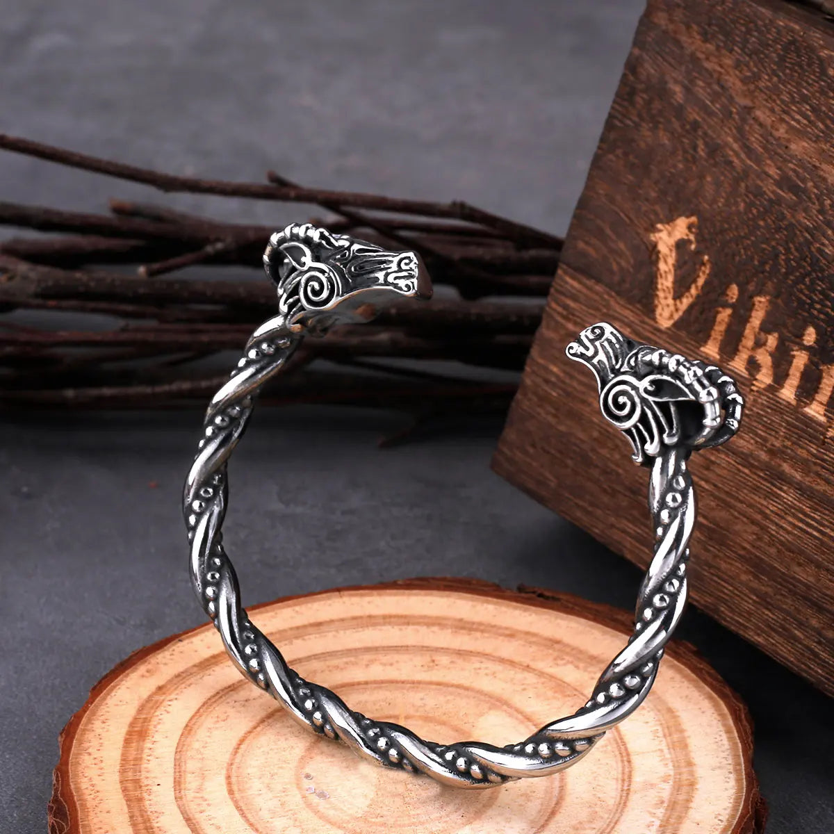 Viking Nordic Goat Head Animal Men Cuff Bracelet High Quality Fashion Stainless Steel Jewelry With Wooden Box