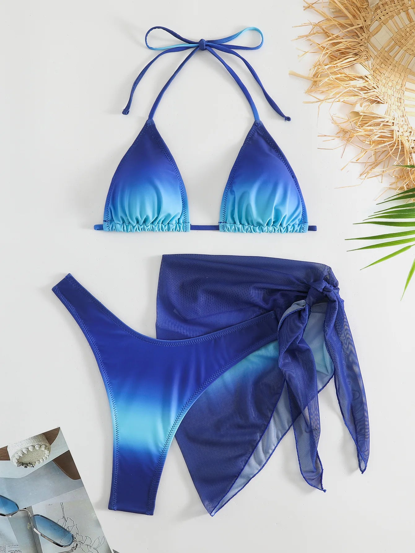 Sexy Brown Gradient Bikini 2024 Swimwear Women Halter Push Up Bra Mesh Skirt 3 Piece Swimsuit Bathing Suit Cover Up Bikinis Sets