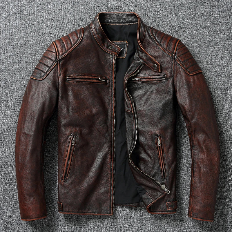Vintage Red Brown Men Leather Jacket 100% Cowhide Jackets Slim Fit Soft Skin Coat Autumn Jaqueta Masculina De Couro