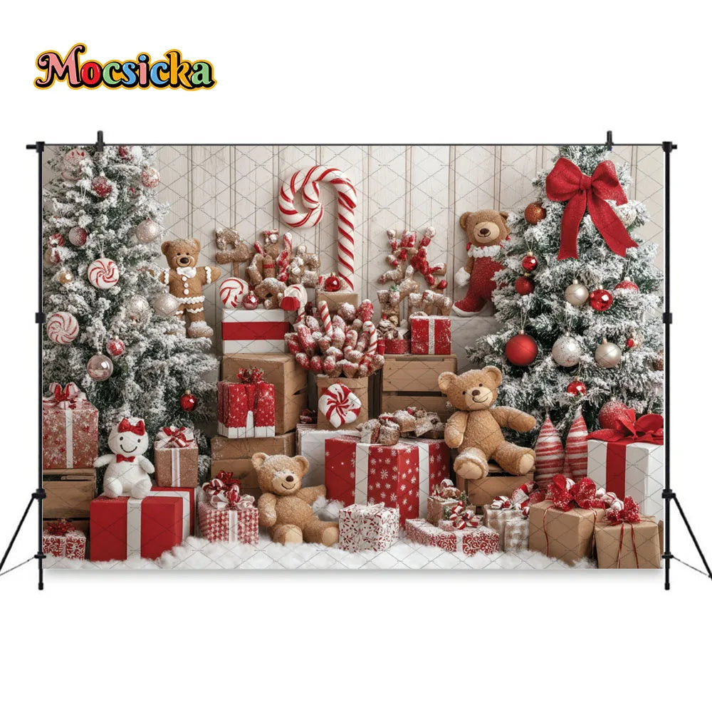 Mocsicka Christmas Gift Room Background for Winter Kid Photography Xmas Tree Gingerbread Man Snowy Backdrop Decor Photo Studio