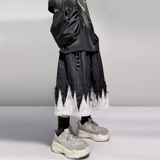 Patchwork Denim Shorts Mens Streetwear Hip Hop Knee Length Pants Harajuku Vintage Baggy Casual Wide-leg Jeans Short Male