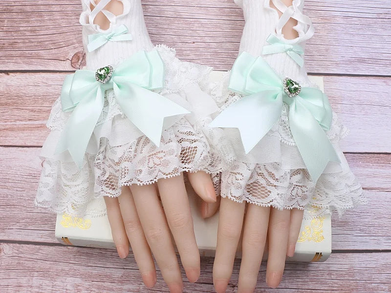 Handmade Sweet Women's Lolita Mine Lace Bow Rhinestone Oversleeves Girls Japanese Style Lace Sleeves Mittens