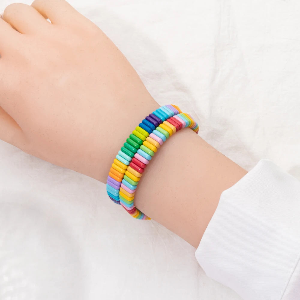 2024 New Design Elatic Rainbow Bracelets For Women 2X8MM Rectangle Beads Bracelets Bohemian Metal Bangle Colorful Jewelry