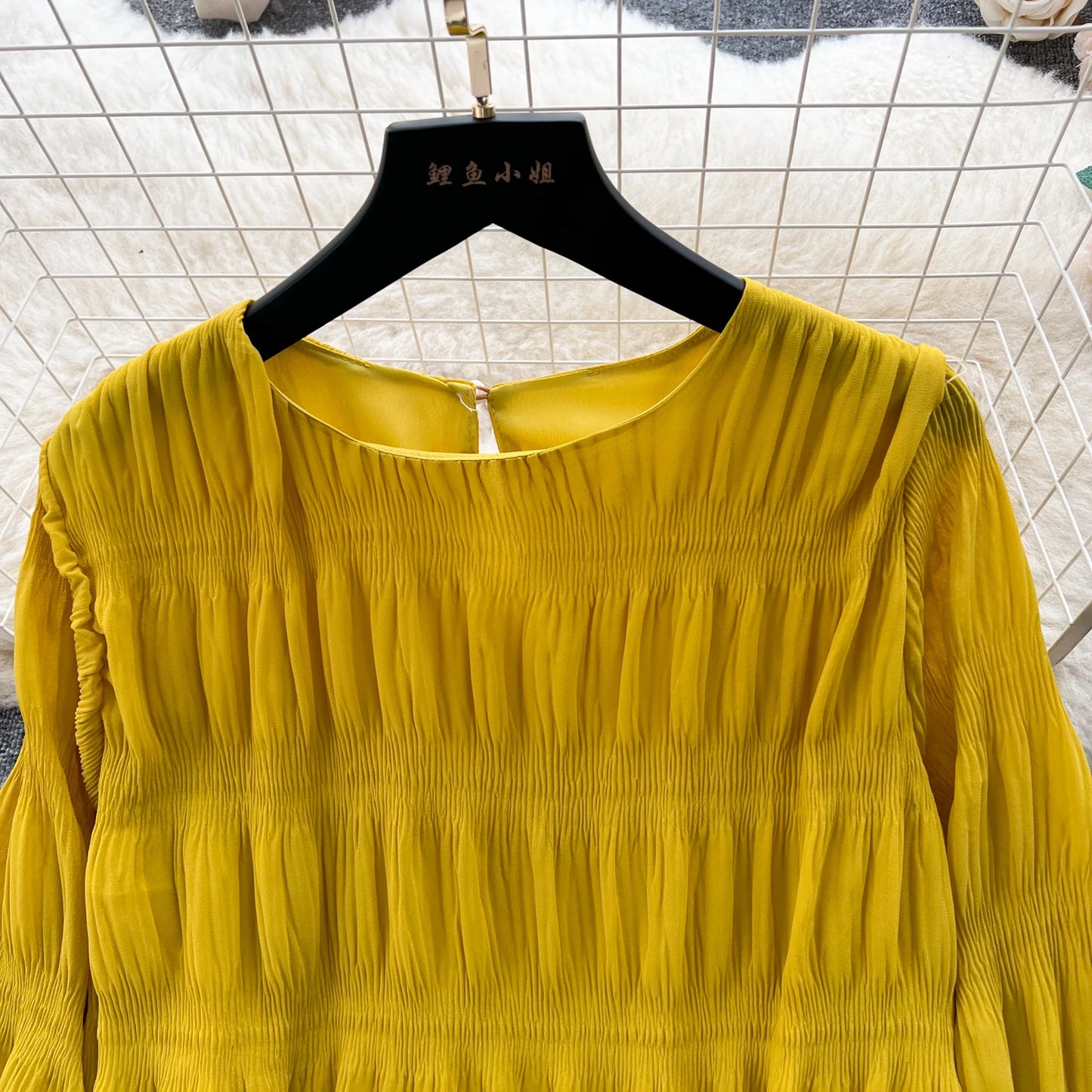 Autumn Vintage Women Draped Loose Midi Dress Elegant Round Collar Puff Long Sleeve Robe Casual Yellow/Burgundy/Green Vestido New