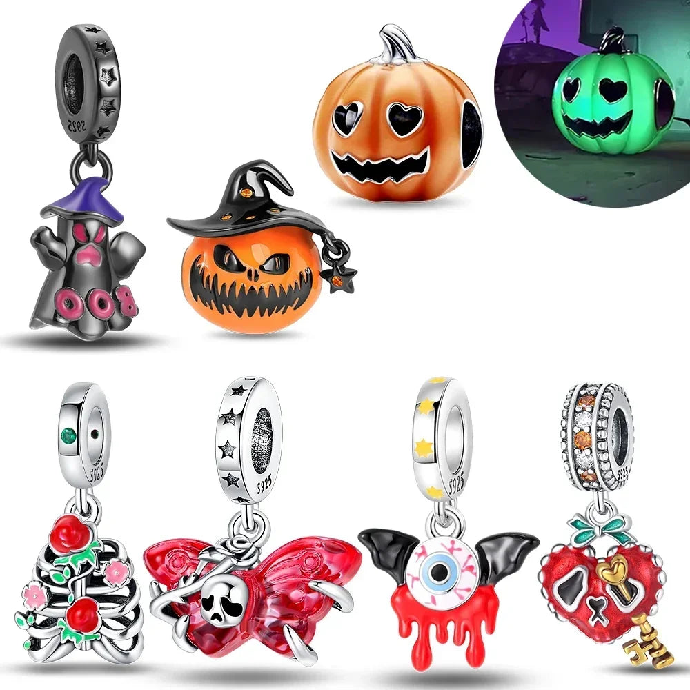 Sterling Silver 925 Halloween Series Luminous Pumpkin Blood Devil Charm for Women Original Bracelet Diy Jewelry Making Gift