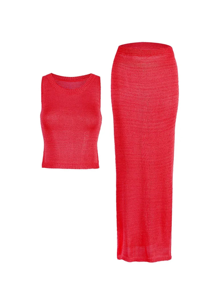 Sexy Transparent Sleeveless Shiny Camisole Tank Top Long Dress Two Piece Set 2025 Fashion Elastic Waist Wrap Hip Knitted Set K68