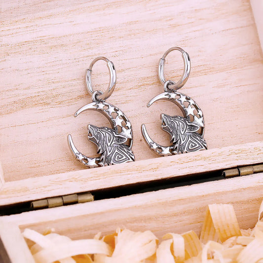 Punk Vikings Wolf Moon Star Drop Earrings For Men Nordic Odin Fashion Amulet Earrings Stainless Steel Vintage Party Gift Jewelry