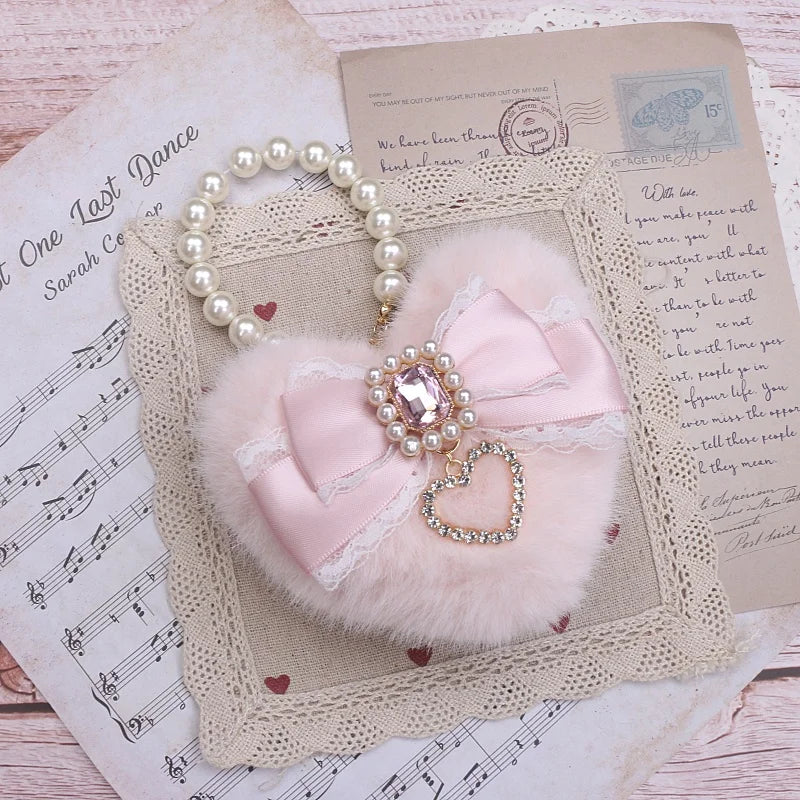 Romantic Bag Ornament Plush Heart Pearls  Keychain Bag Decor Keyring Sweet Ita Bag Pendant Handmade Bow Accessories Keychain