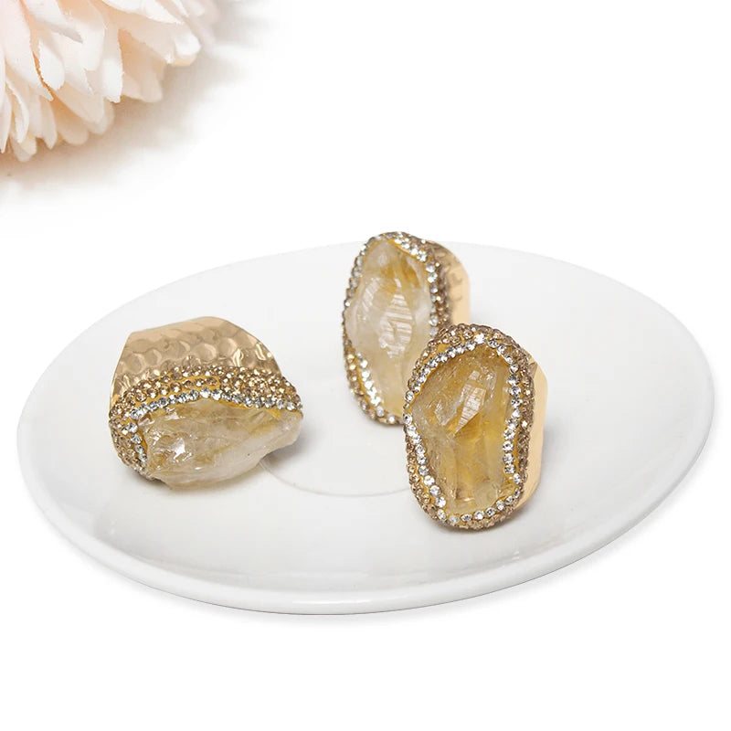Irregular Citrine Open Ring for Women Micro Inlay Adjustable Reiki Natural Stone Finger Jewelry