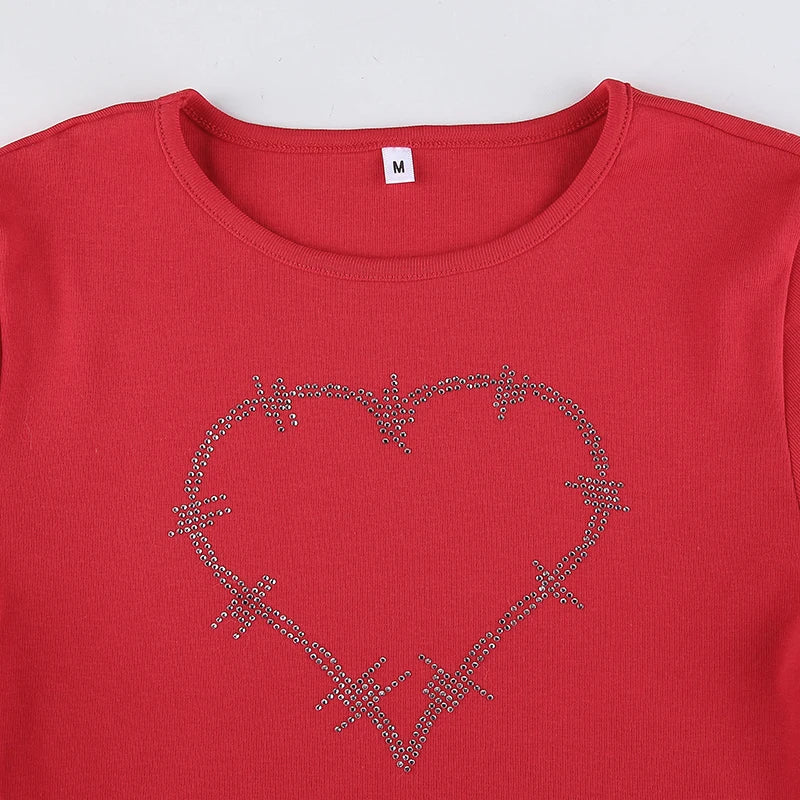 Women T-Shirt Y2k Style Crop Tops Tees Rhinestones Slim Graphic Summer Fashion Harajuku Streetwear Short Sleeve Women Clothes