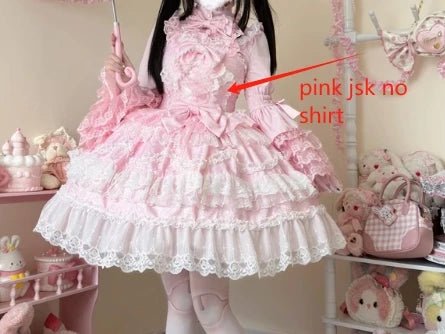 Original Lolita Dress Cape Set New Spring Autumn Sweet Girl Lace Princess Jsk Cake Dress Fairy Suspender Dress Shirt Outfit