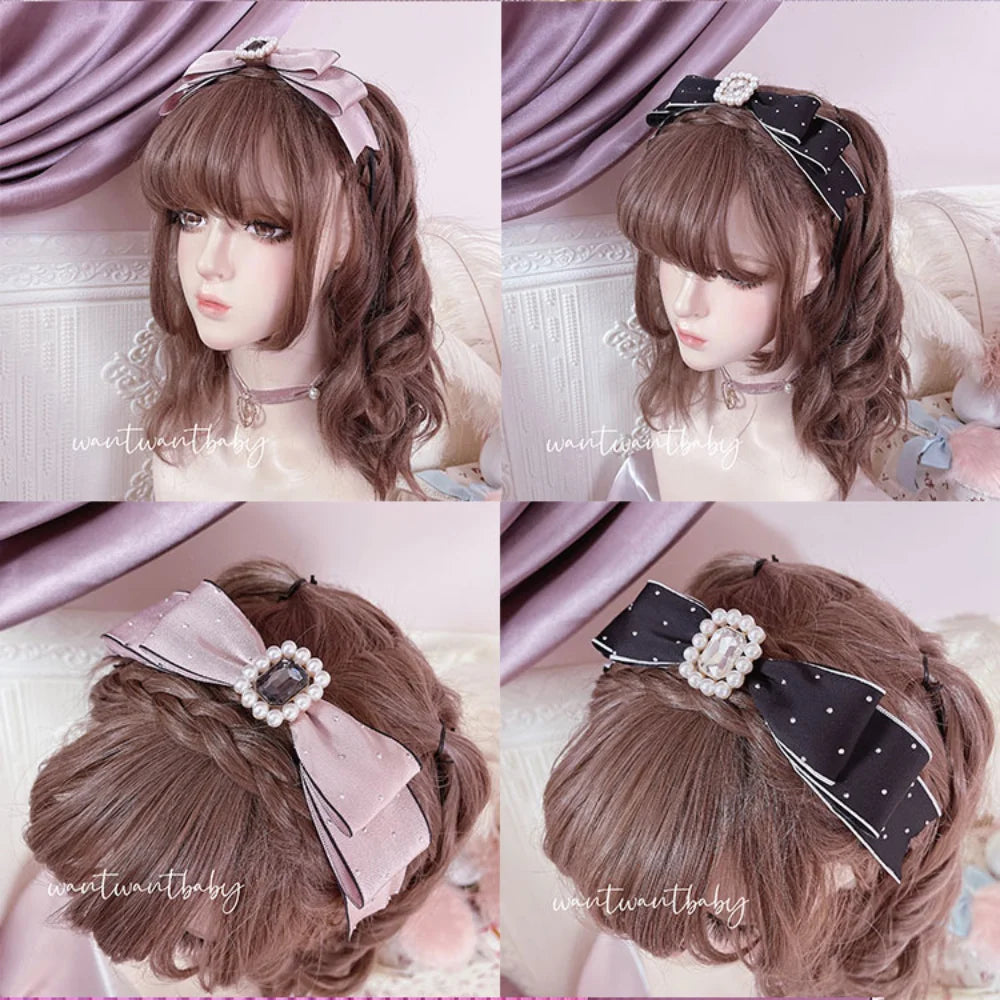 Sweet Cute Hairbands Japanese Style Lolita Headwear Rhinestone Pearl Polka Dot Bownot Headdress Tiaras for Girl Accessories