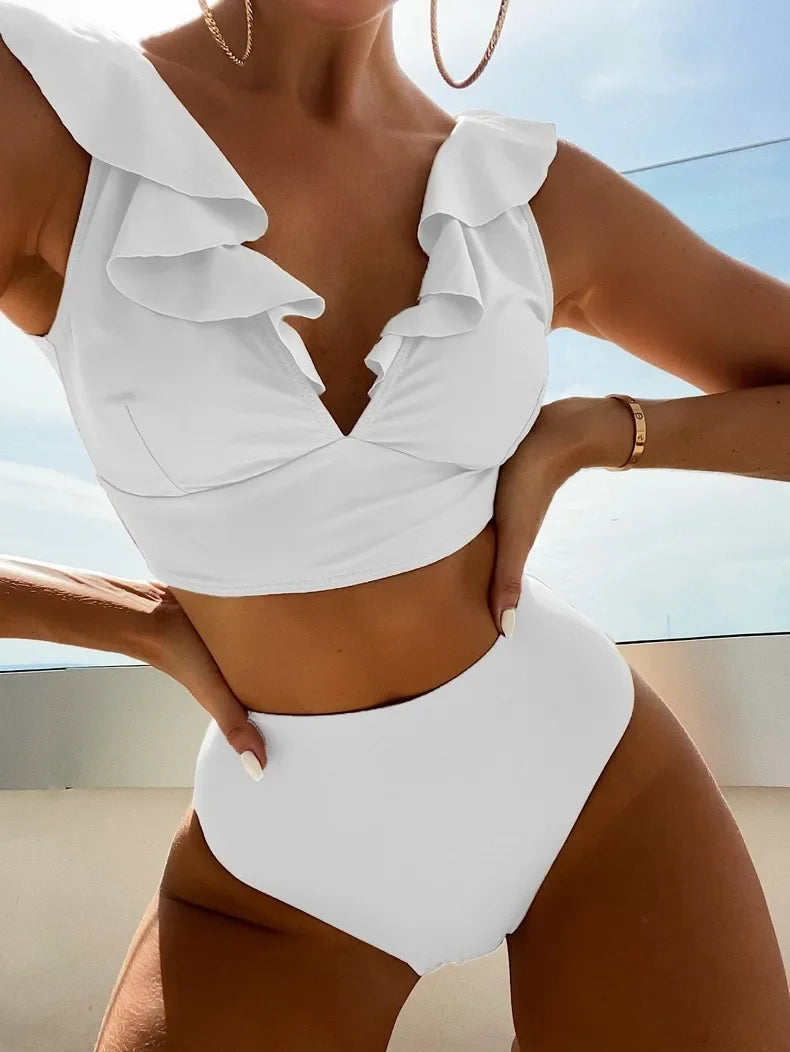 Solid Color Sexy V-neck Ruffle Bikini 2024 Women 2 Piece Swimwear Push Up Padded High Waist Swimsuit Summer Beach Bathing Suit