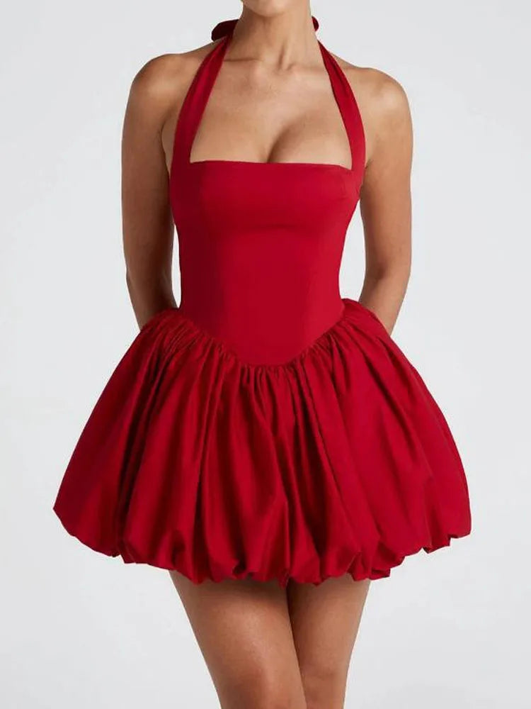 FSMG Sexy Solid Sleeveless Backless Halter Short Skirt Fashion Bow High Waist Slim A-line Dresses Summer Evening Party Vestidos