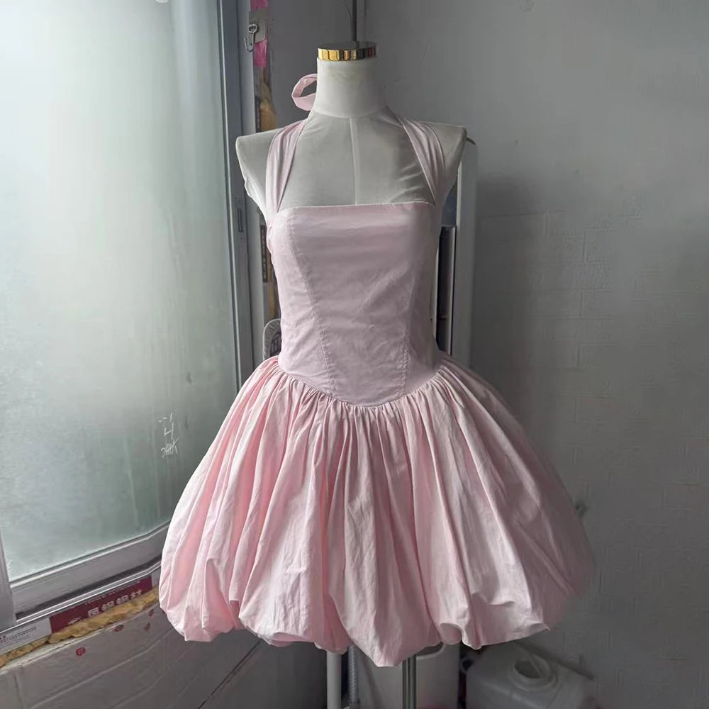 VGH Sexy Temperament Tunic Ball Gown for Women Halter Sleeveless Patchwork Lace Up Short Prom Dresses Female Clothing Fashion