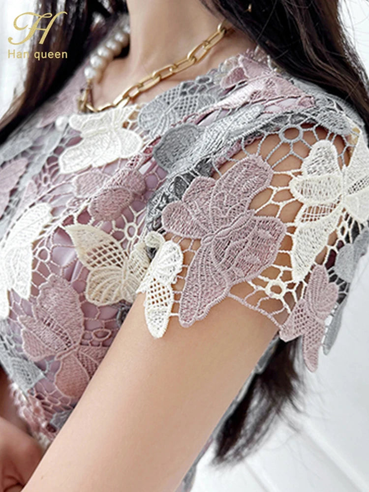 H Han Queen Summer Elegant Chic Lace Dresses Women Korean Retro Vestidos Fashion Color Blocking Office Party Casual Dress