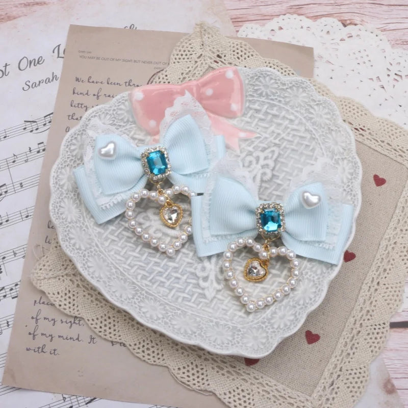 1 Pair Female Hair Clips Pearl Heart Side Clip Sweet Girl's Hairclips Lolita Hairpin Headdress Jiraikei Accessories