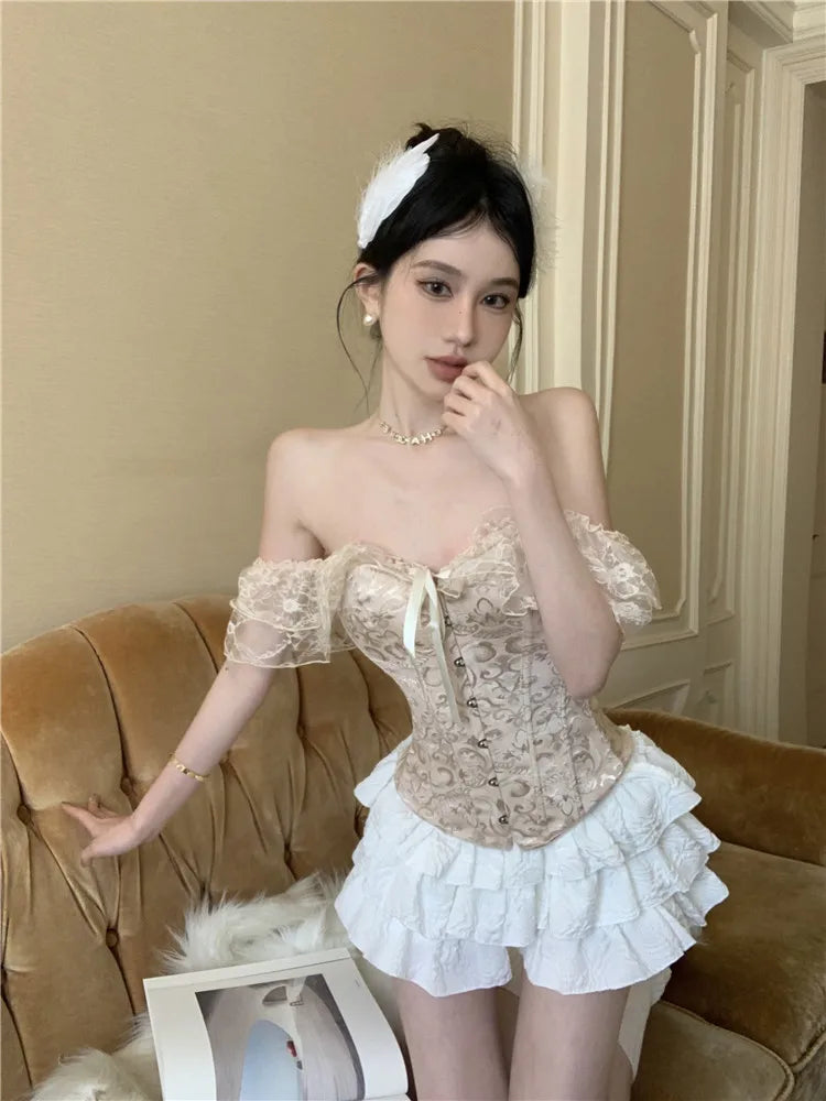 Palace Style Black Fashion Two Piece Sets Women Off Shoulder Lace Up Corset Shirt&Mini Cake Skirt 2025 New Summer 2 Piece Sets