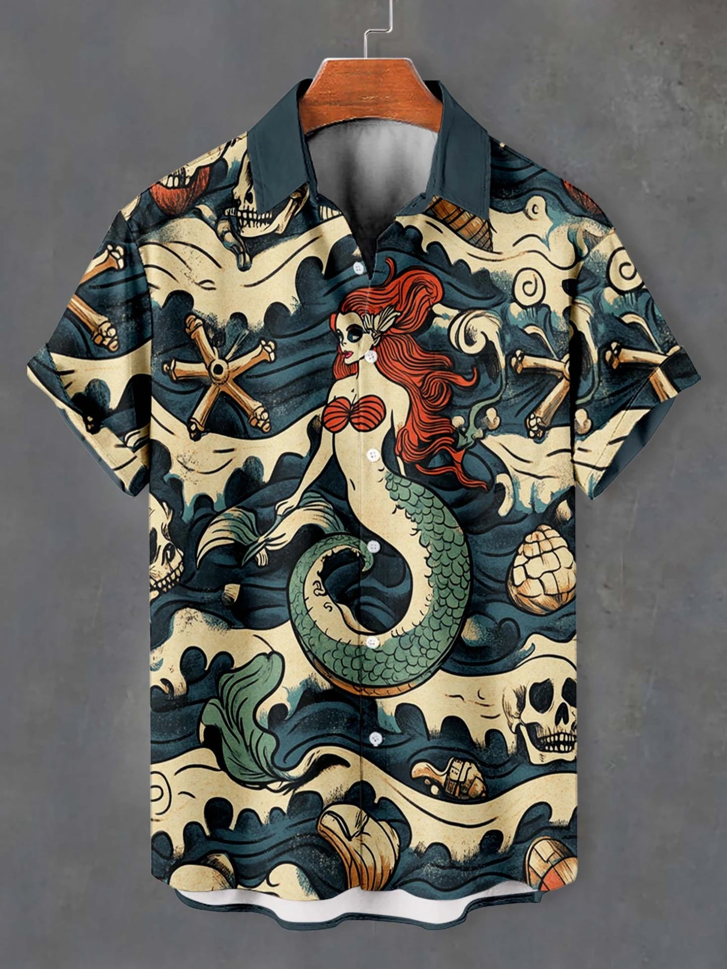 Retro Mermaid Pattern Men's Shirt Short Sleeve Shirts Button Down Lapel Shirts Oversized Tops Casual Hawaiian Shirt for Men