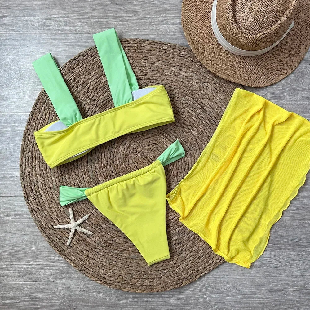 3 Pieces Bikini Set Wiht Mini Skirt Women Swimwear 2024 Sexy Bikinis Push Up Beachwear Solid Bodysuit Micro Thong Biquini Female