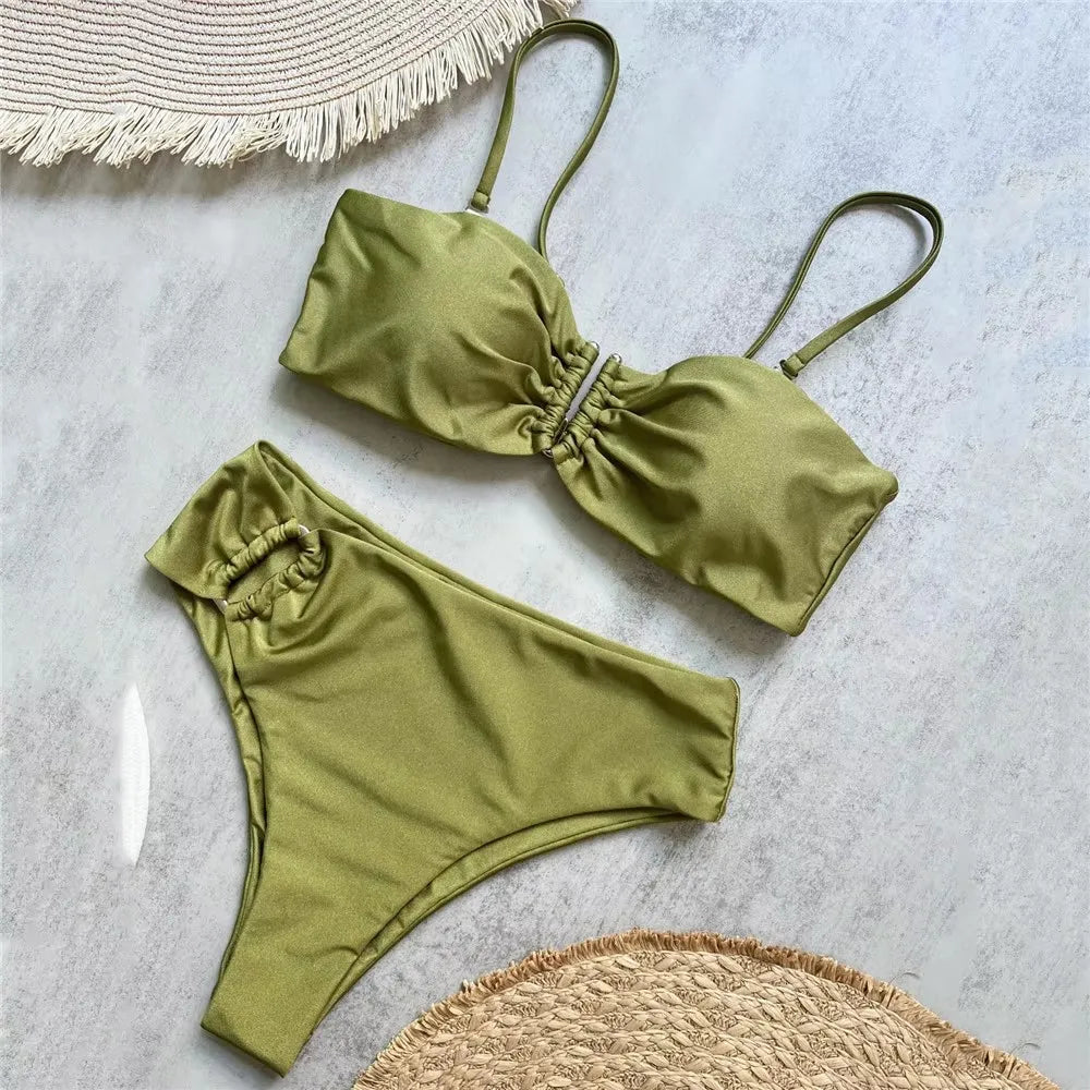 Brown Shiny U Shaped Bikini High Waist Sexy Swimsuit Women 2025 Wrinkled Solid Swimwears Bathing Suit Bandeau Bikinis Sets Mujer
