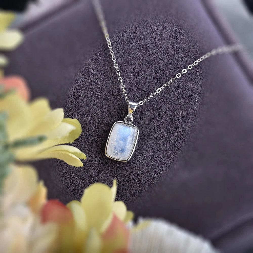 ITSMOS Natural Rainbow Moonstone Sterling Silver/Copper Pendant Necklace rectangle Energy Stone Jewelry for Women Girl Gift
