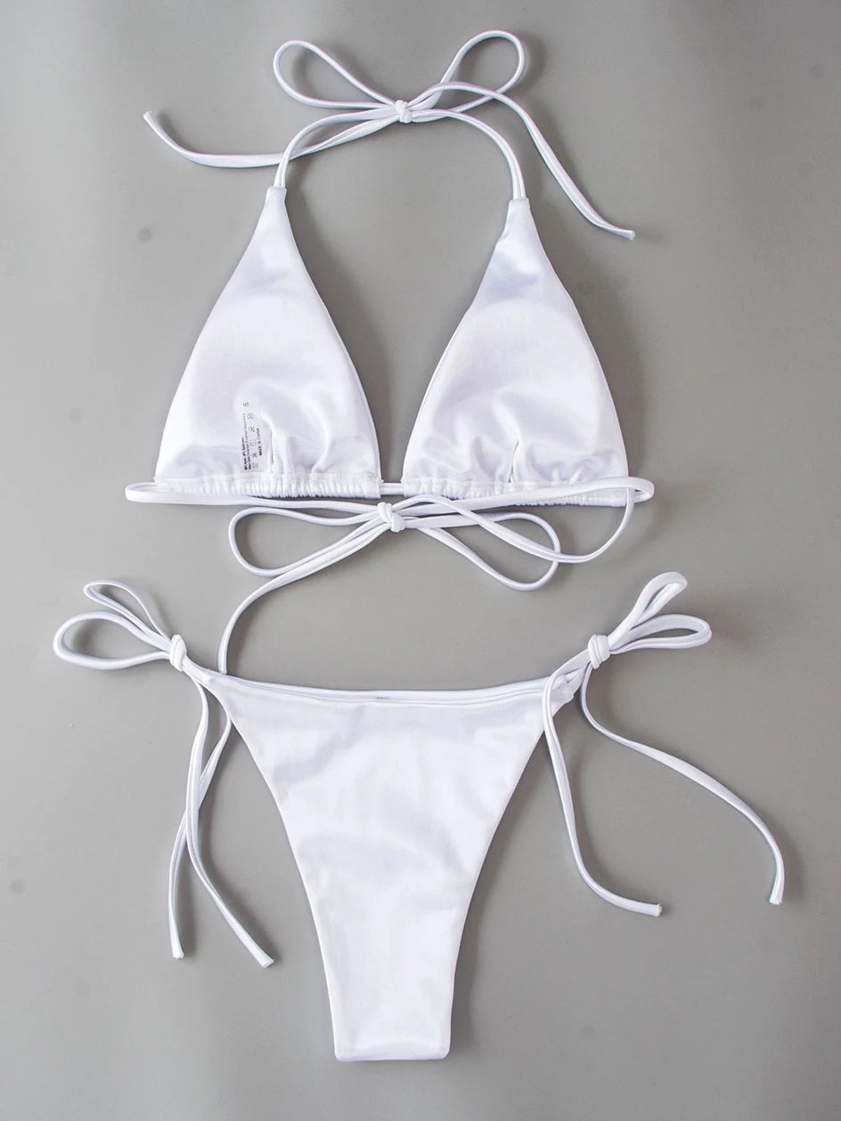 Metallic Halter Triangle Bikini 2023 Swimsuit Women Swimwear Female Bathing Suits Brazilian Thong Micro Bikinis Set Beach Wear