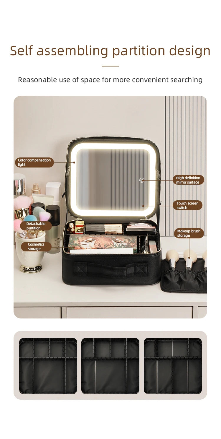 Makeup Travel Train Case with LED Lighted Mirror, 3 Color Adjust Settings, Travel Makeup Bag With Adjustable Dividers,