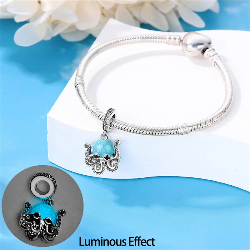 New 100% 925 Sterling Silver Ocean Luminous Sea Turtle Dolphin Octopus Charms Beads Fit Qikaola Original Bracelets DIY Jewelry